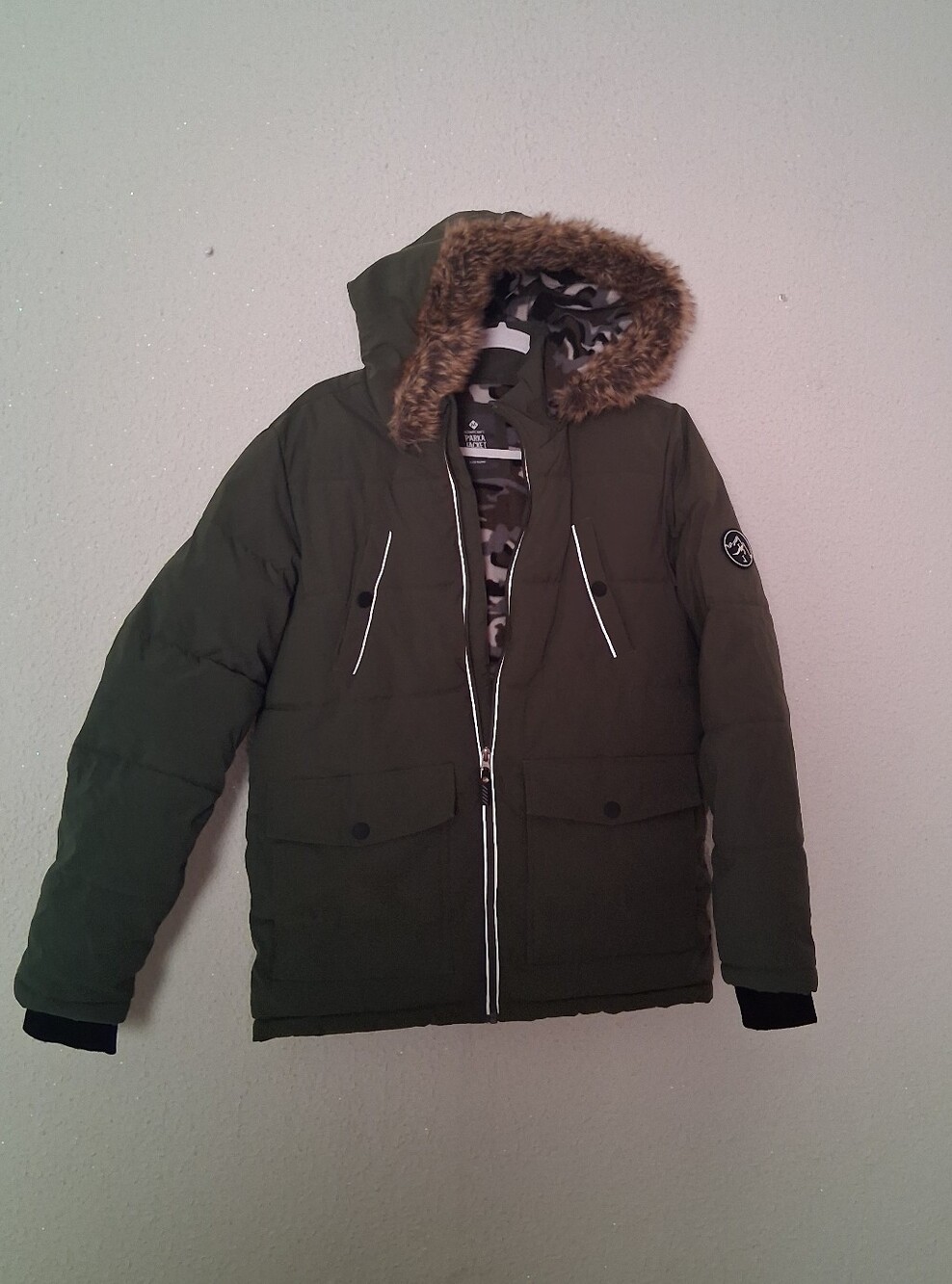 Member's Mark Olive Green Parka Jacket Boy's with Faux Fur Hood Sz 14/16